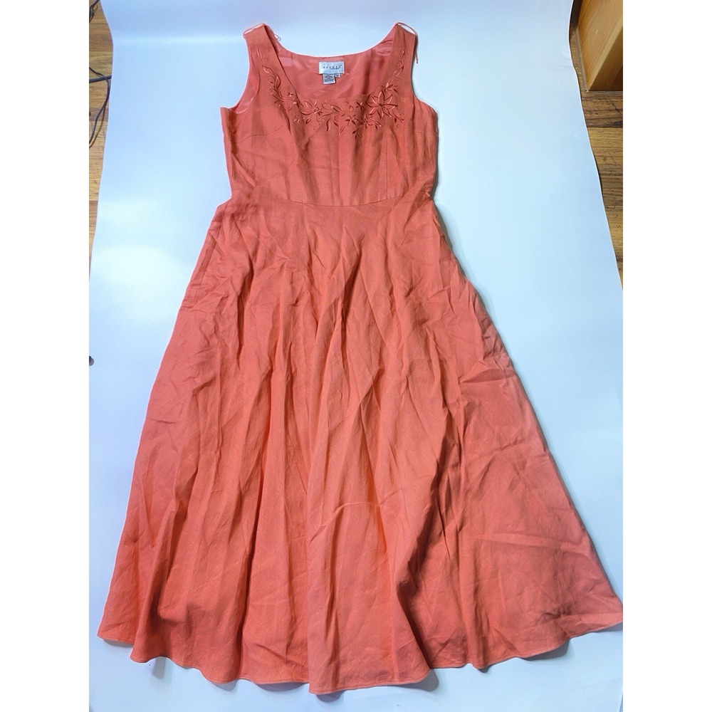 Papell Boutique Embriodered Sheath Dress Coral‎ Linen Blend Size 12 Boho Floral